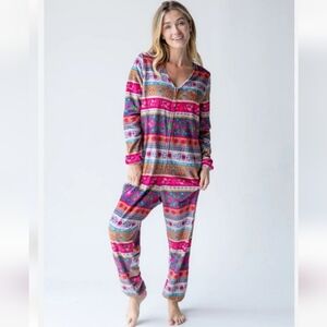 Natural Life Fleece Floral One Piece Pajama Zip Up Onsie Boho Multicolor NWT XS